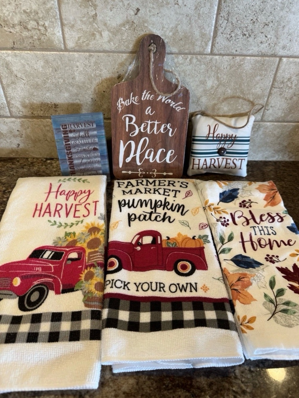 6 Pc Fall Harvest Kitchen Decor Lot Towels Signs Farmhouse Pumpkin Truck
